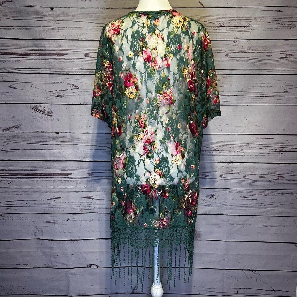 Sweat Rain Floral Fringe Kimono Cardigan Size Medium | Green Lace Boho - Picture 3 of 6